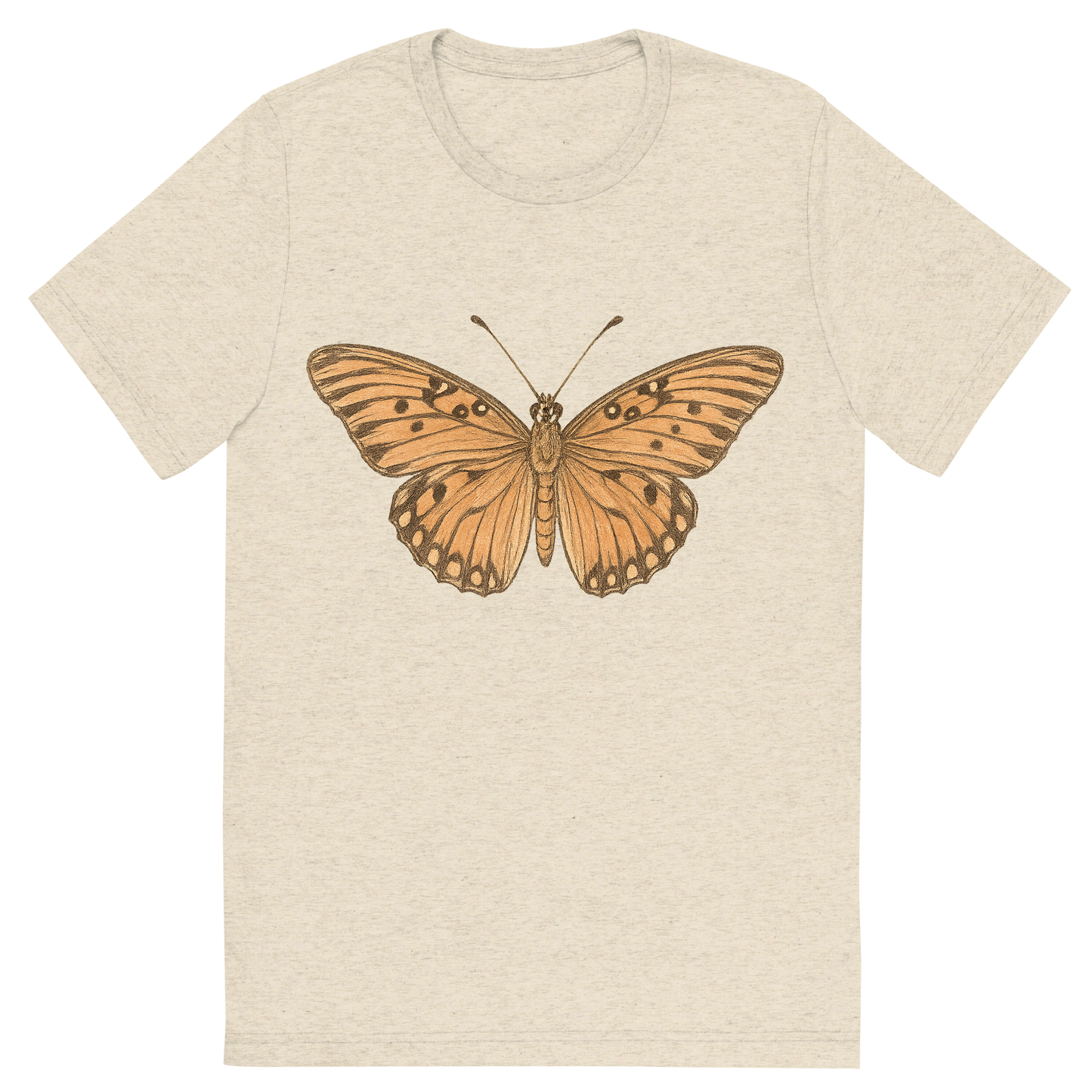 Front view of a Premium Tri-Blend Crew Neck T-Shirt in Oatmeal showing 'A hand-drawn, tranquil graphic of gulf fritillary butterfly'