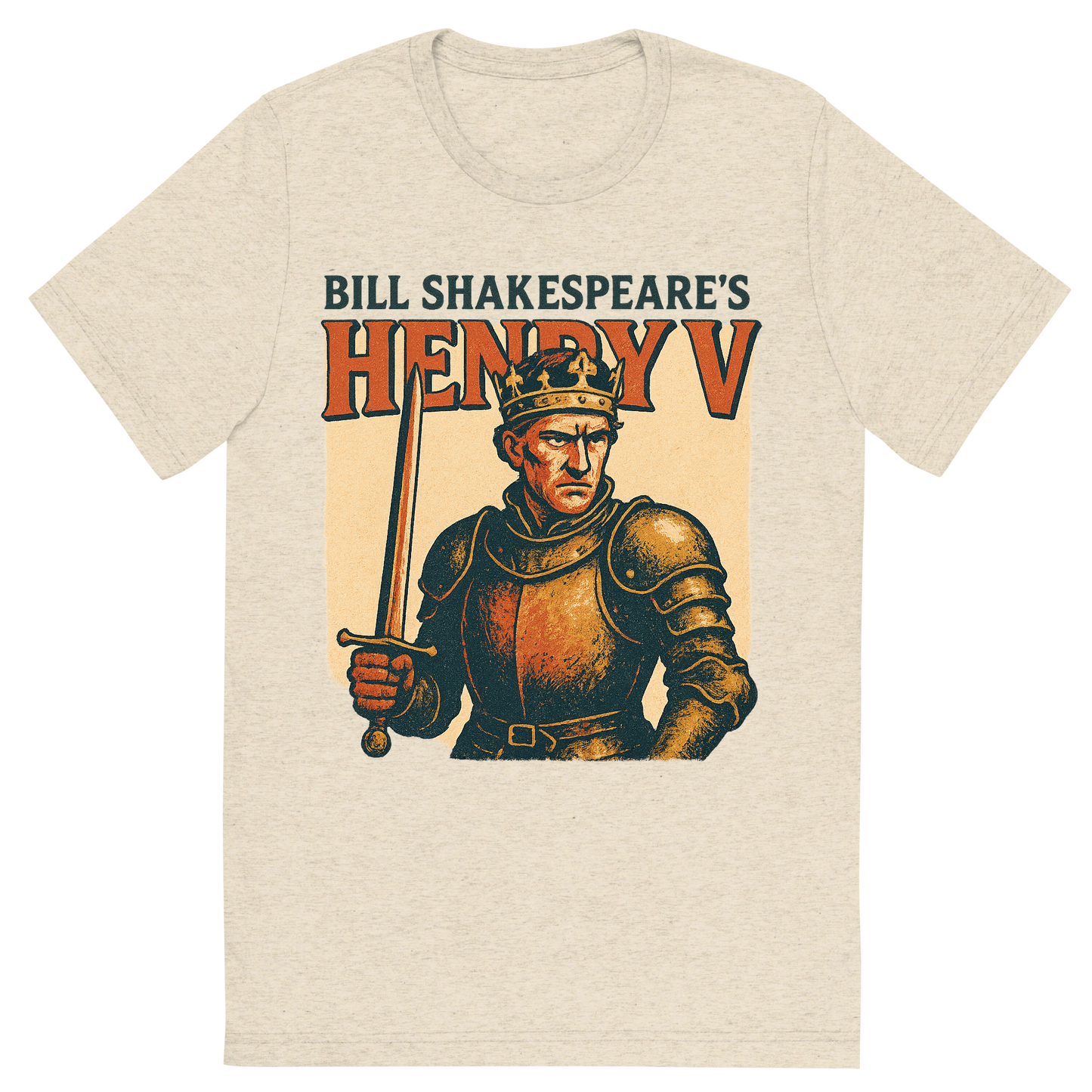 Front view of a Premium Tri-Blend Crew Neck T-Shirt in Oatmeal showing 'A retro, edgy graphic of a visual representation of a key theme and character from william shakespeare's henry v'