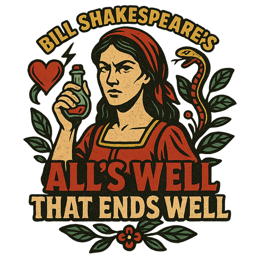 A retro, edgy graphic of a visual representation of a key theme and character from william shakespeare's all's well that ends well – a t-shirt design
