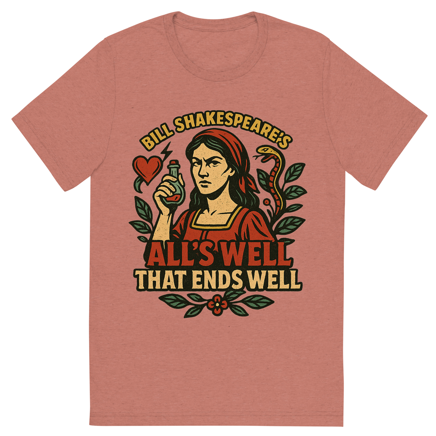 Front view of a Premium Tri-Blend Crew Neck T-Shirt in Mauve showing 'A retro, edgy graphic of a visual representation of a key theme and character from william shakespeare's all's well that ends well'