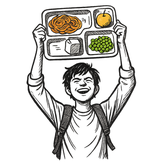 A hand-drawn ink with pop color, triumphant graphic of a student holding a lunch tray like a trophy above their head with the words “cafeteria champion” in bold block text above. hand-drawn ink with pop color on food items. transparent background, centered composition, optimized for dtg printing. - a t-shirt design