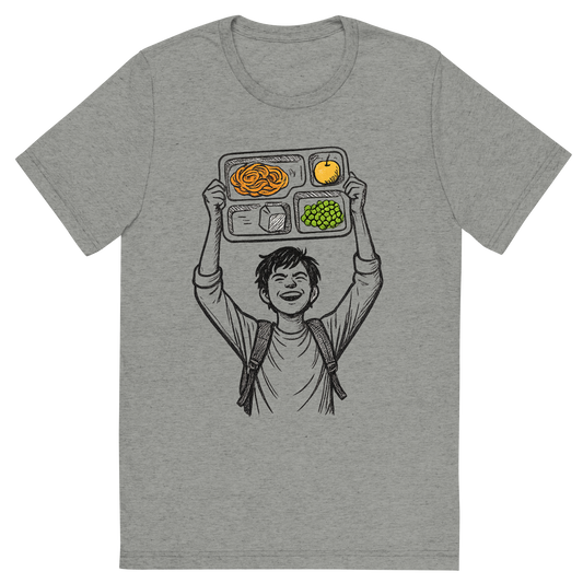 Front view of a Premium Tri-Blend Crew Neck T-Shirt in Athletic Grey showing 'A hand-drawn ink with pop color, triumphant graphic of a student holding a lunch tray like a trophy above their head with the words “cafeteria champion” in bold block text above. hand-drawn ink with pop color on food items. transparent background, centered composition, optimized for dtg printing.'