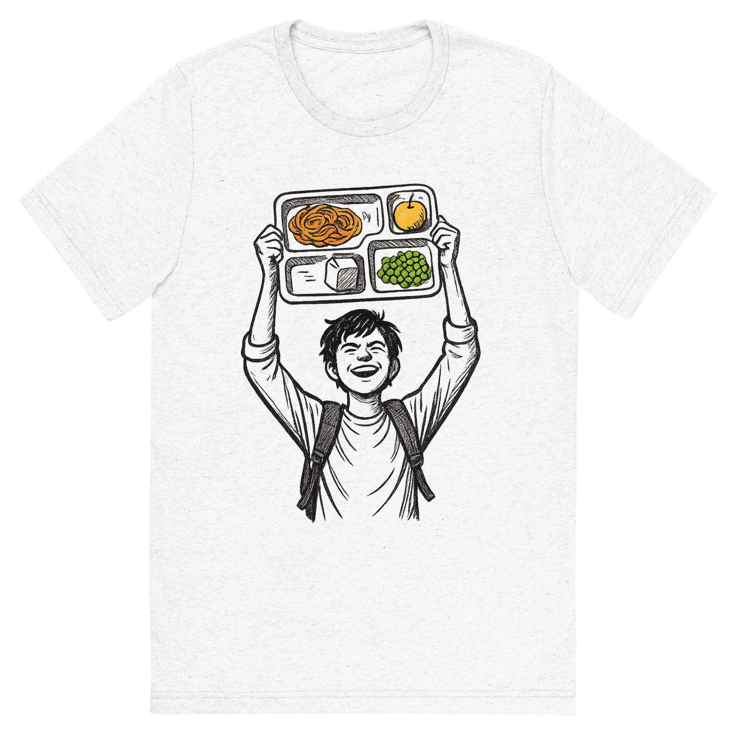 Front view of a Premium Tri-Blend Crew Neck T-Shirt in Solid White showing 'A hand-drawn ink with pop color, triumphant graphic of a student holding a lunch tray like a trophy above their head with the words “cafeteria champion” in bold block text above. hand-drawn ink with pop color on food items. transparent background, centered composition, optimized for dtg printing.'