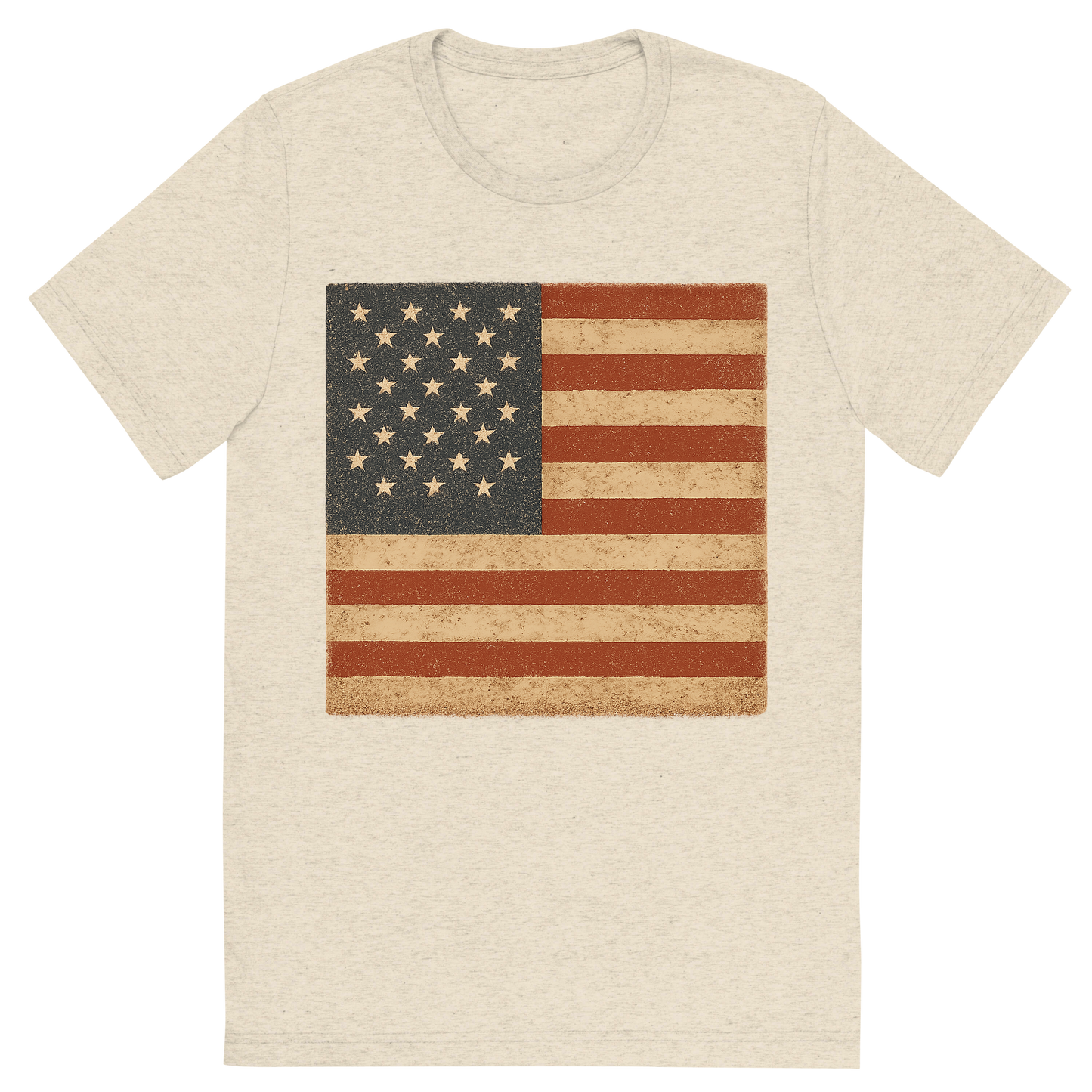 Front view of a Premium Tri-Blend Crew Neck T-Shirt in Oatmeal showing 'A retro, rustic graphic of a stylized version of the american flag'