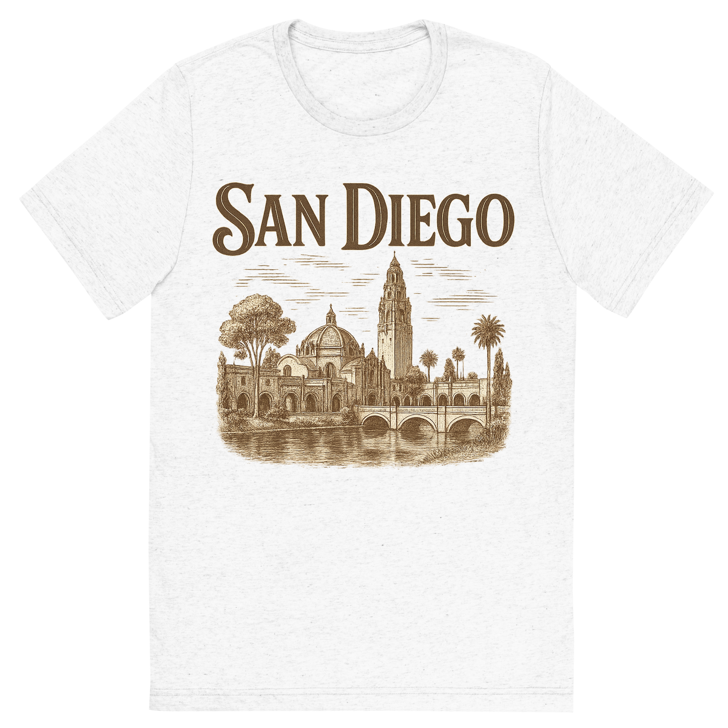 Front view of a Premium Tri-Blend Crew Neck T-Shirt in Solid White showing 'A typographic, nostalgic graphic of a typographic illustration of the words 'san diego' with a vintage line art drawing of balboa park'