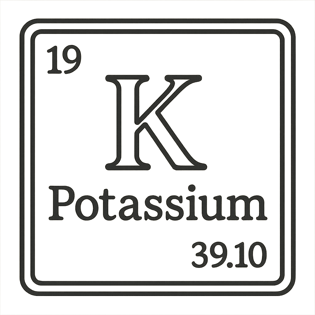 A line art, nostalgic graphic of potassium's entry on the periodic table, use a dark color for the lines and text – a t-shirt design