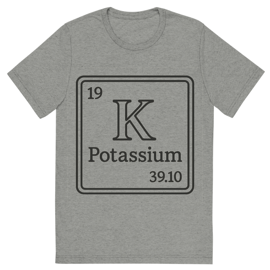 Front view of a Premium Tri-Blend Crew Neck T-Shirt in Athletic Grey showing 'A line art, nostalgic graphic of potassium's entry on the periodic table, use a dark color for the lines and text'