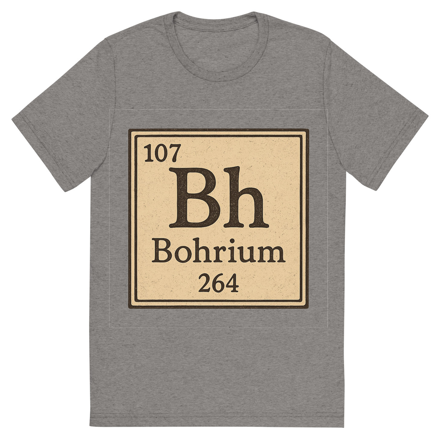 Front view of a Premium Tri-Blend Crew Neck T-Shirt in Grey showing 'A line art, nostalgic graphic of bohrium's entry on the periodic table, use a dark color for the lines and text'