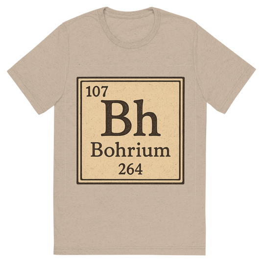 Front view of a Premium Tri-Blend Crew Neck T-Shirt in Tan showing 'A line art, nostalgic graphic of bohrium's entry on the periodic table, use a dark color for the lines and text'