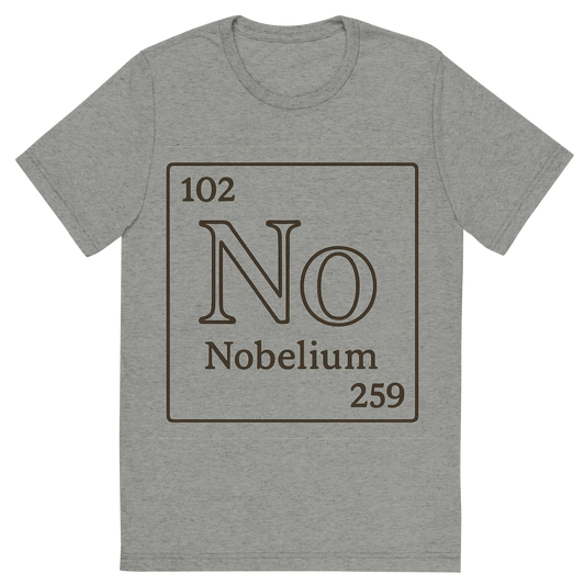 Front view of a Premium Tri-Blend Crew Neck T-Shirt in Athletic Grey showing 'A line art, nostalgic graphic of nobelium's entry on the periodic table, use a dark color for the lines and text'