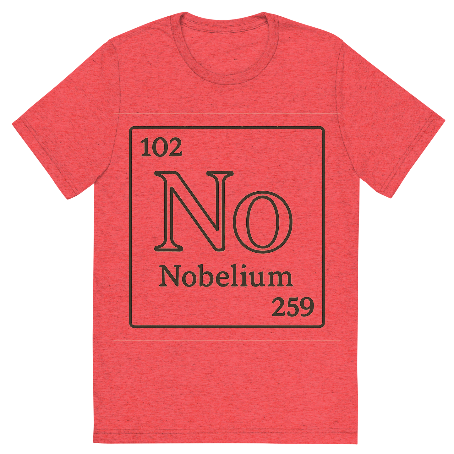 Front view of a Premium Tri-Blend Crew Neck T-Shirt in Red showing 'A line art, nostalgic graphic of nobelium's entry on the periodic table, use a dark color for the lines and text'