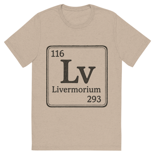 Front view of a Premium Tri-Blend Crew Neck T-Shirt in Tan showing 'A line art, nostalgic graphic of livermorium's entry on the periodic table, use a dark color for the lines and text'
