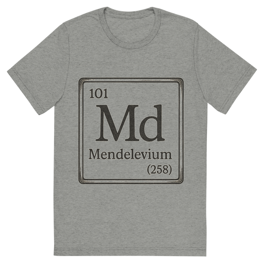 Front view of a Premium Tri-Blend Crew Neck T-Shirt in Athletic Grey showing 'A line art, nostalgic graphic of mendelevium's entry on the periodic table, use a dark color for the lines and text'
