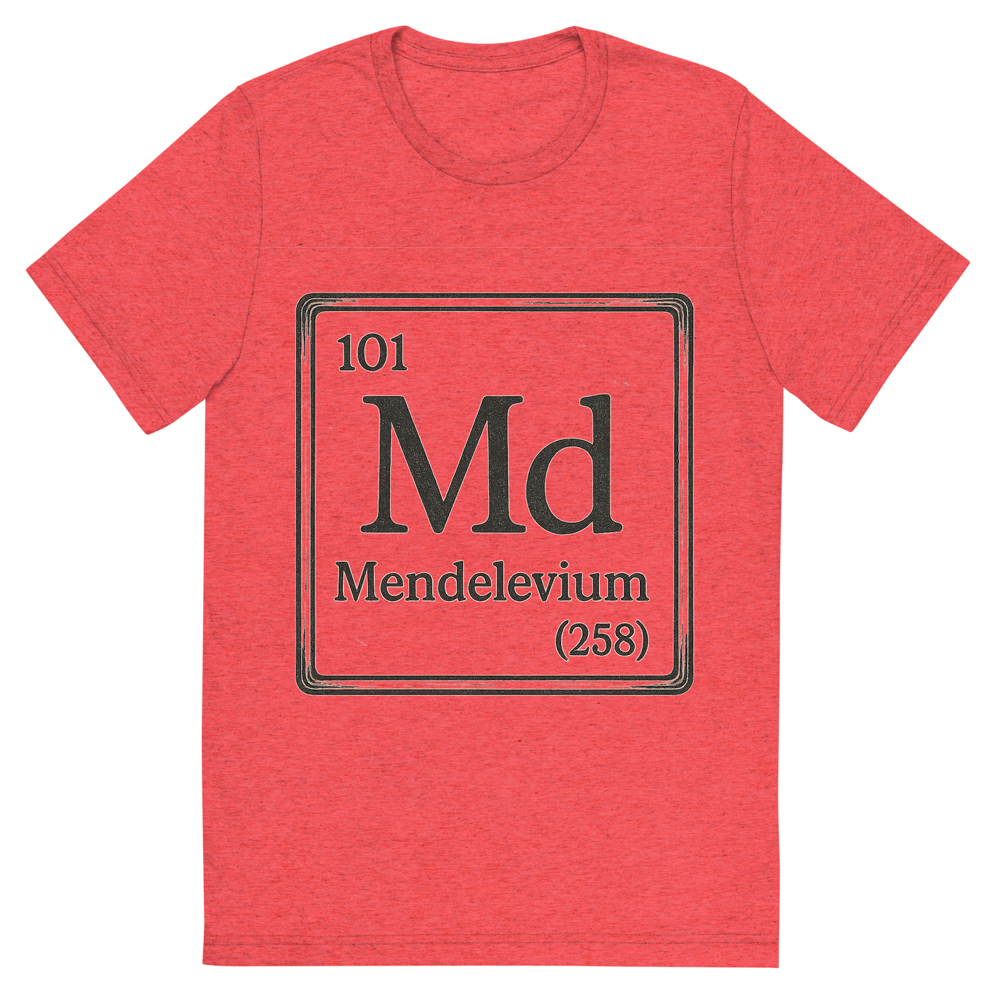 Front view of a Premium Tri-Blend Crew Neck T-Shirt in Red showing 'A line art, nostalgic graphic of mendelevium's entry on the periodic table, use a dark color for the lines and text'