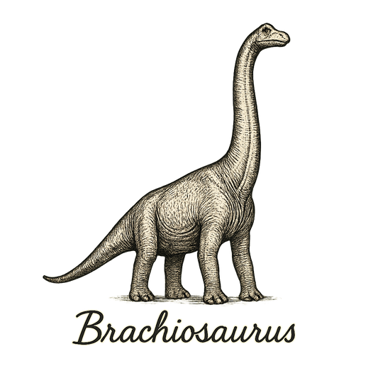 A flat, neutral graphic of a towering brachiosaurus drawn with long neck reaching upward. “brachiosaurus” appears in elegant handwriting below. ink illustration on a white background. - a t-shirt design