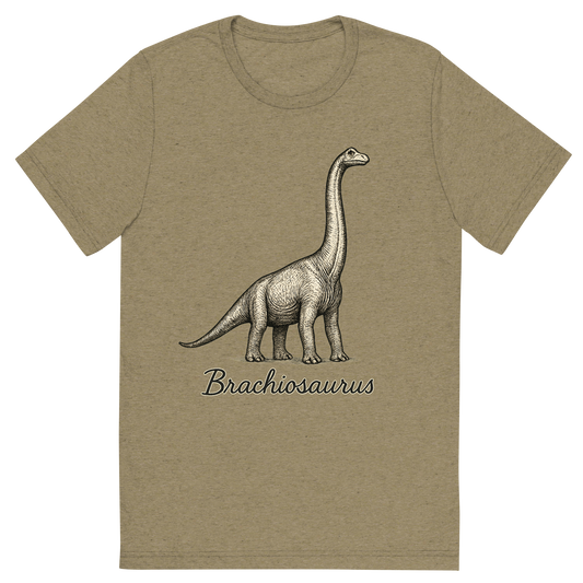 Front view of a Premium Tri-Blend Crew Neck T-Shirt in Olive showing 'A flat, neutral graphic of a towering brachiosaurus drawn with long neck reaching upward. “brachiosaurus” appears in elegant handwriting below. ink illustration on a white background.'