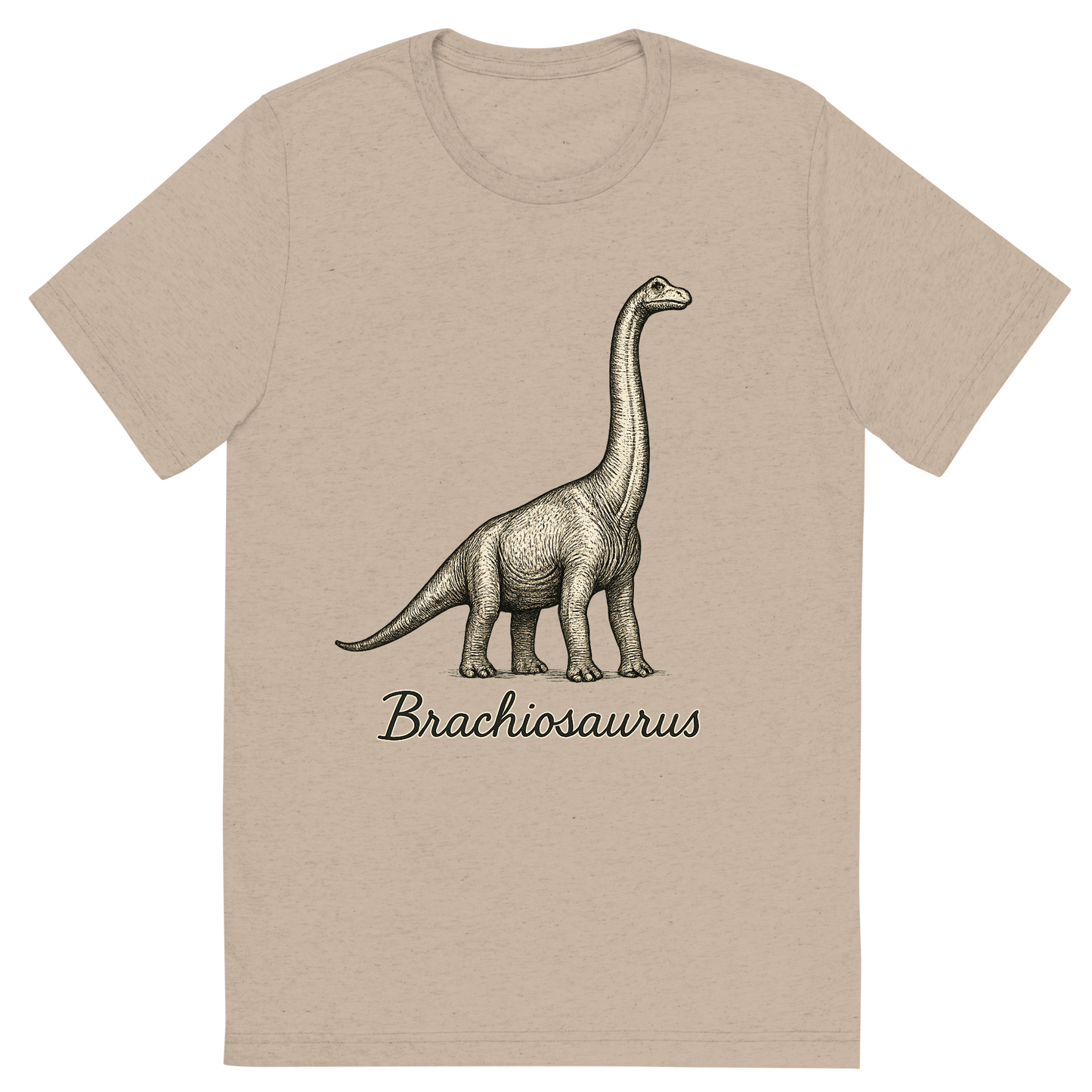 Front view of a Premium Tri-Blend Crew Neck T-Shirt in Tan showing 'A flat, neutral graphic of a towering brachiosaurus drawn with long neck reaching upward. “brachiosaurus” appears in elegant handwriting below. ink illustration on a white background.'