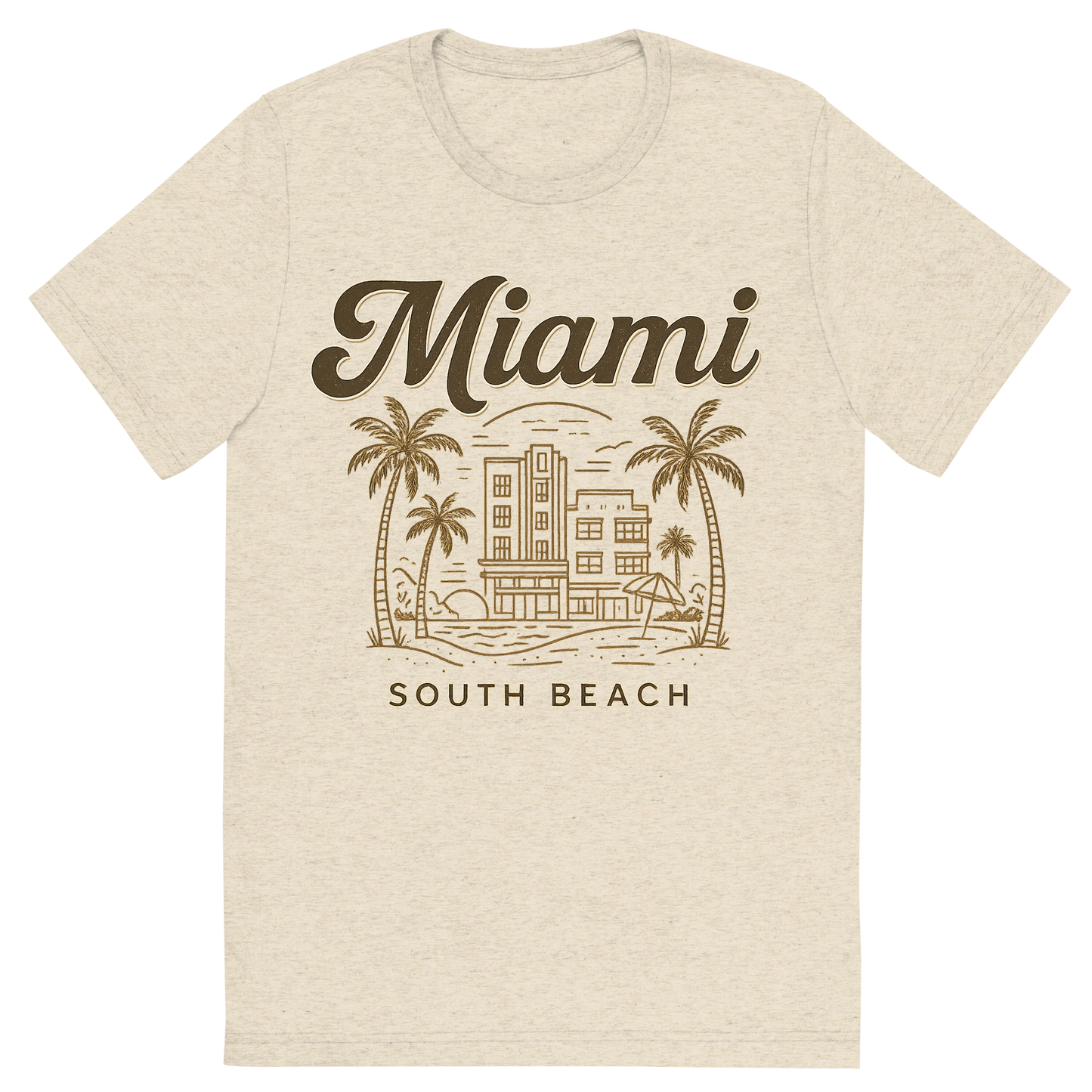 Front view of a Premium Tri-Blend Crew Neck T-Shirt in Oatmeal showing 'A typographic, nostalgic graphic of a typographic illustration of the words 'miami' with a vintage line art drawing of south beach'
