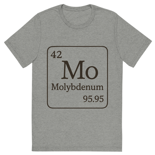 Front view of a Premium Tri-Blend Crew Neck T-Shirt in Athletic Grey showing 'A line art, nostalgic graphic of molybdenum's entry on the periodic table, use a dark color for the lines and text'