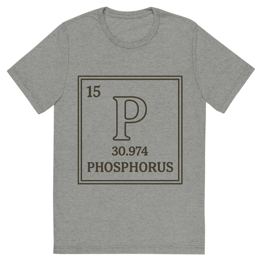 Front view of a Premium Tri-Blend Crew Neck T-Shirt in Athletic Grey showing 'A line art, nostalgic graphic of phosphorus's entry on the periodic table, use a dark color for the lines and text'