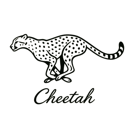 A flat, neutral graphic of a sleek drawing of a running cheetah with tear markings and long limbs. “cheetah” is inscribed below in cursive. minimalist ink on white background. – a t-shirt design