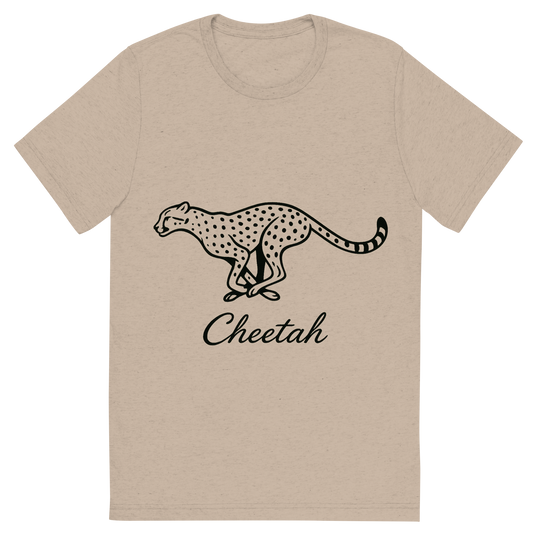 Front view of a Premium Tri-Blend Crew Neck T-Shirt in Tan showing 'A flat, neutral graphic of a sleek drawing of a running cheetah with tear markings and long limbs. “cheetah” is inscribed below in cursive. minimalist ink on white background.'