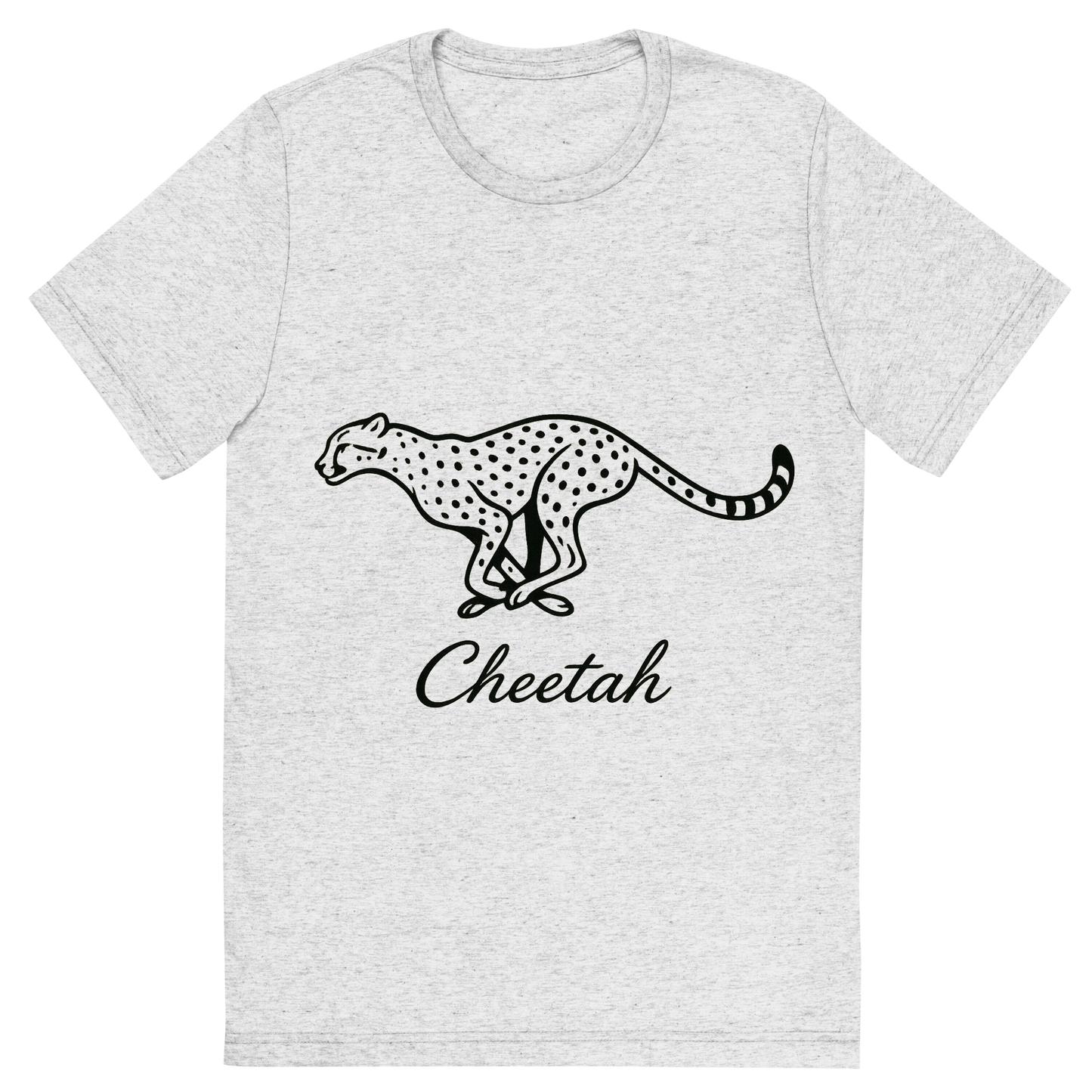 Front view of a Premium Tri-Blend Crew Neck T-Shirt in White Fleck showing 'A flat, neutral graphic of a sleek drawing of a running cheetah with tear markings and long limbs. “cheetah” is inscribed below in cursive. minimalist ink on white background.'