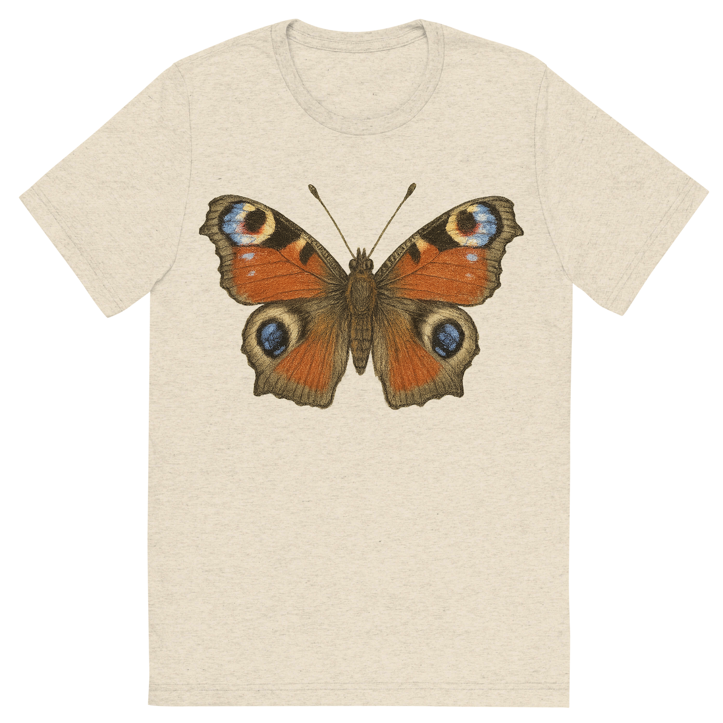 Front view of a Premium Tri-Blend Crew Neck T-Shirt in Oatmeal showing 'A hand-drawn, tranquil graphic of peacock butterfly'