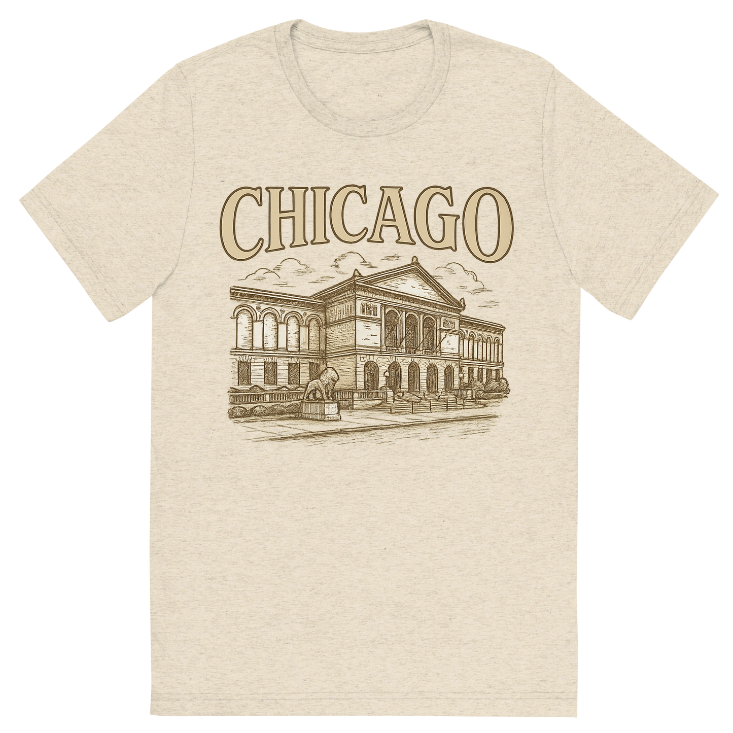 Front view of a Premium Tri-Blend Crew Neck T-Shirt in Oatmeal showing 'A typographic, nostalgic graphic of a typographic illustration of the words 'chicago' with a vintage line art drawing of the art institute of chicago'