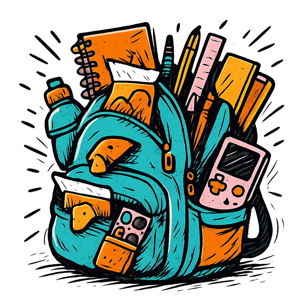 A hand-drawn ink with pop color, exaggerated graphic of an overstuffed school backpack bursting with supplies, snacks, and gadgets, with the words “backpack overload” embroidered across the flap. hand-drawn in ink with pop color highlights. centered composition, transparent background, optimized for dtg printing. - a t-shirt design