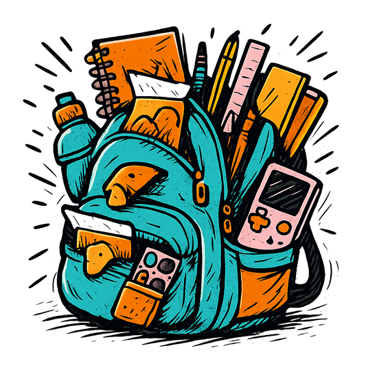 A hand-drawn ink with pop color, exaggerated graphic of an overstuffed school backpack bursting with supplies, snacks, and gadgets, with the words “backpack overload” embroidered across the flap. hand-drawn in ink with pop color highlights. centered composition, transparent background, optimized for dtg printing. - a t-shirt design