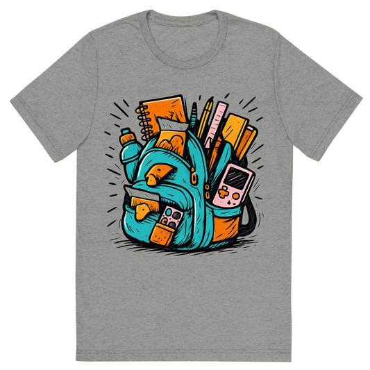 Front view of a Premium Tri-Blend Crew Neck T-Shirt in Athletic Grey showing 'A hand-drawn ink with pop color, exaggerated graphic of an overstuffed school backpack bursting with supplies, snacks, and gadgets, with the words “backpack overload” embroidered across the flap. hand-drawn in ink with pop color highlights. centered composition, transparent background, optimized for dtg printing.'