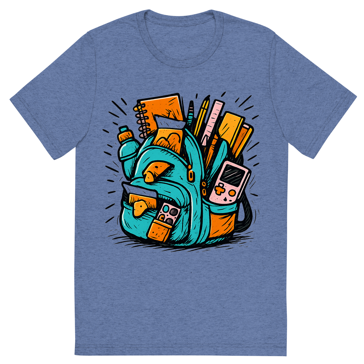 Front view of a Premium Tri-Blend Crew Neck T-Shirt in Blue showing 'A hand-drawn ink with pop color, exaggerated graphic of an overstuffed school backpack bursting with supplies, snacks, and gadgets, with the words “backpack overload” embroidered across the flap. hand-drawn in ink with pop color highlights. centered composition, transparent background, optimized for dtg printing.'