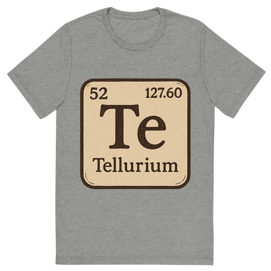 Front view of a Premium Tri-Blend Crew Neck T-Shirt in Athletic Grey showing 'A line art, nostalgic graphic of tellurium's entry on the periodic table, use a dark color for the lines and text'