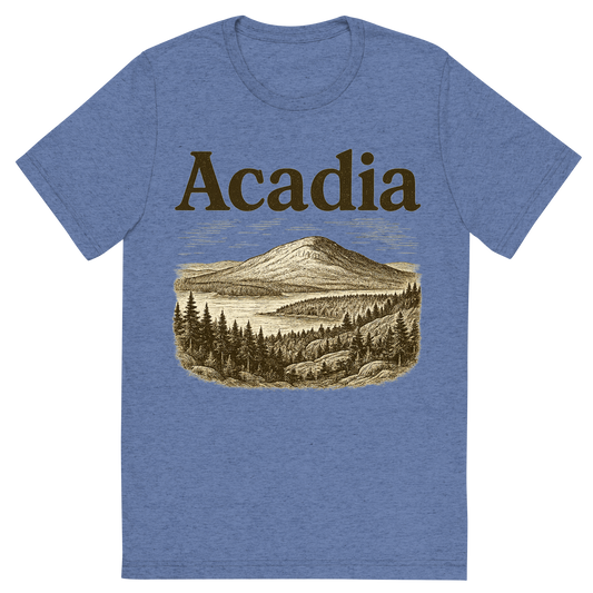 Front view of a Premium Tri-Blend Crew Neck T-Shirt in Blue showing 'A typographic, nostalgic graphic of a typographic illustration of the words 'acadia' with a vintage line art drawing of cadillac mountain'