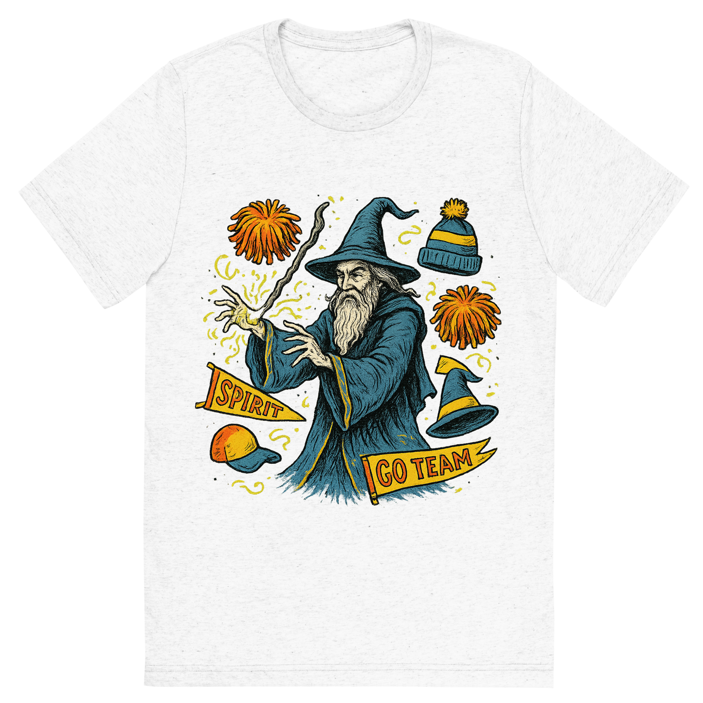Front view of a Premium Tri-Blend Crew Neck T-Shirt in Solid White showing 'A hand-drawn ink with pop color, whimsical graphic of a mystical wizard in school colors casting a spell with floating spirit week items (pom-poms, banners, hats), with the phrase “spirit week sorcerer” arched above. transparent background, centered, hand-drawn ink with magical color pops. dtg optimized.'