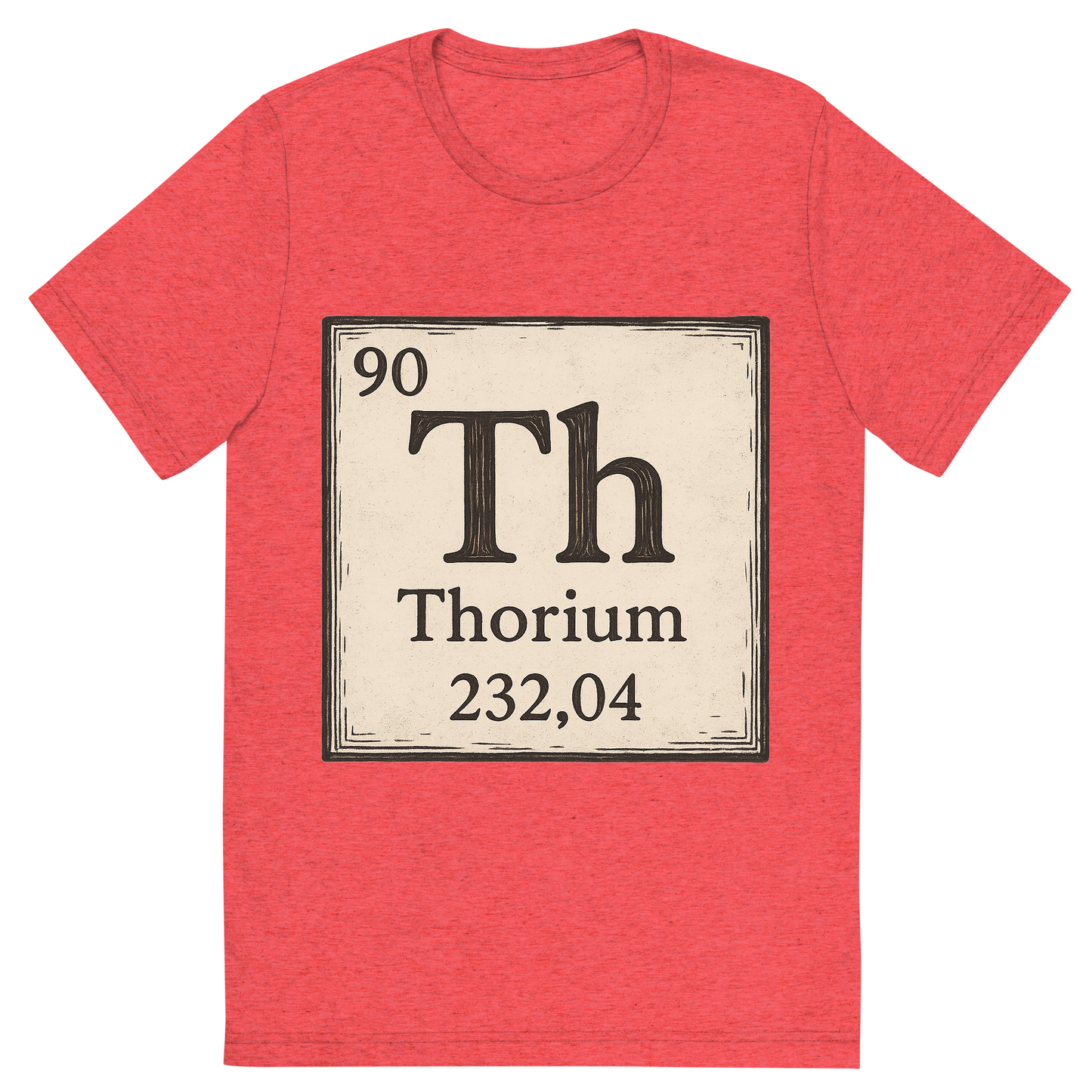 Front view of a Premium Tri-Blend Crew Neck T-Shirt in Red showing 'A line art, nostalgic graphic of thorium's entry on the periodic table, use a dark color for the lines and text'