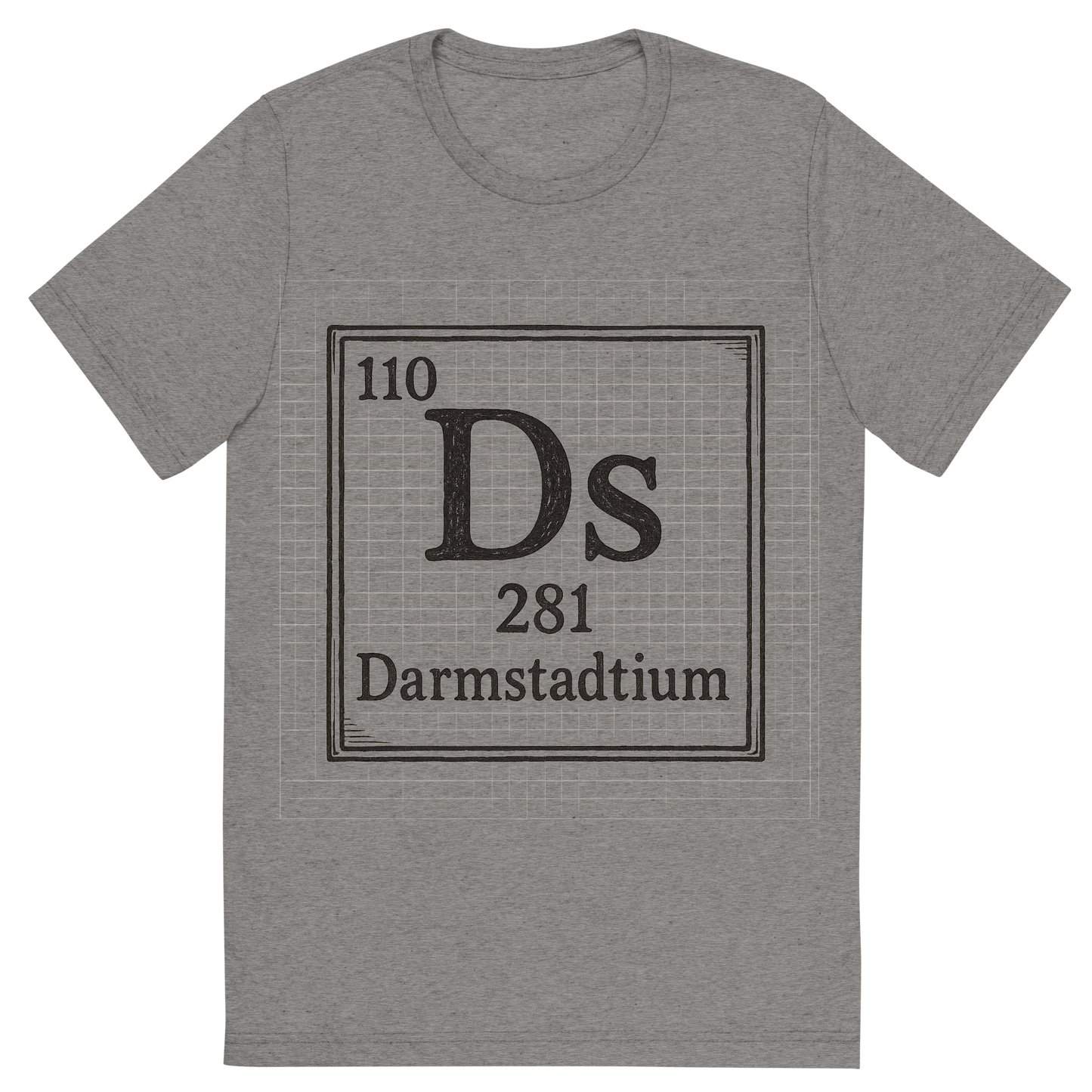 Front view of a Premium Tri-Blend Crew Neck T-Shirt in Grey showing 'A line art, nostalgic graphic of darmstadtium's entry on the periodic table, use a dark color for the lines and text'