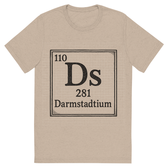 Front view of a Premium Tri-Blend Crew Neck T-Shirt in Tan showing 'A line art, nostalgic graphic of darmstadtium's entry on the periodic table, use a dark color for the lines and text'