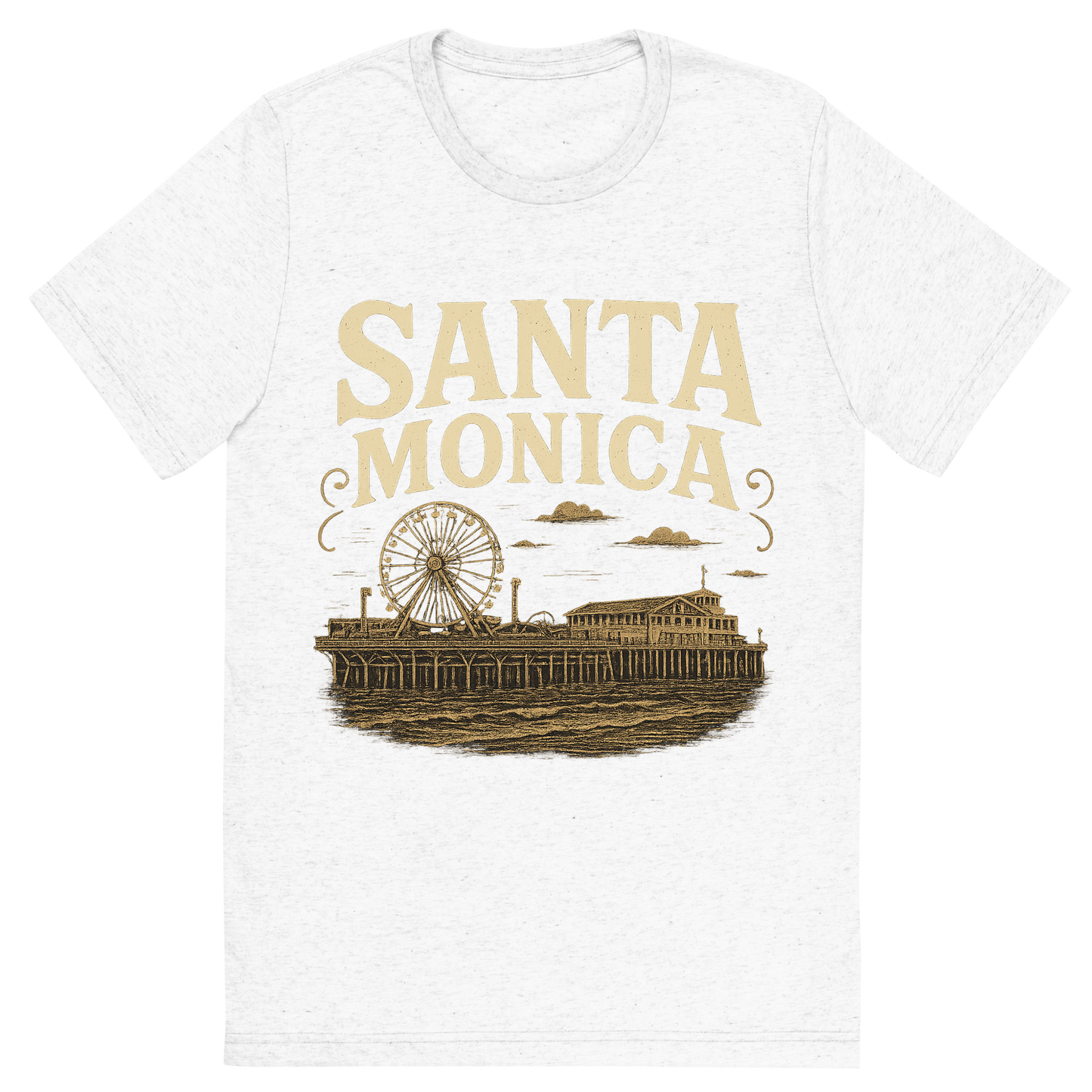 Front view of a Premium Tri-Blend Crew Neck T-Shirt in Solid White showing 'A typographic, nostalgic graphic of a typographic illustration of the words 'santa monica' with a vintage line art drawing of the santa monica pier'