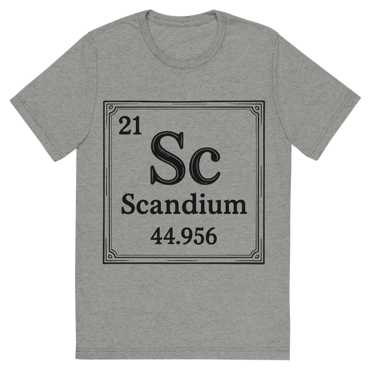 Front view of a Premium Tri-Blend Crew Neck T-Shirt in Athletic Grey showing 'A line art, nostalgic graphic of scandium's entry on the periodic table, use a dark color for the lines and text'