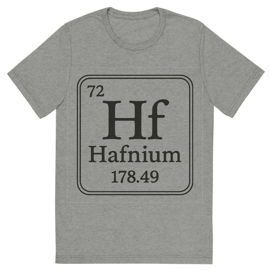 Front view of a Premium Tri-Blend Crew Neck T-Shirt in Athletic Grey showing 'A line art, nostalgic graphic of hafnium's entry on the periodic table, use a dark color for the lines and text'