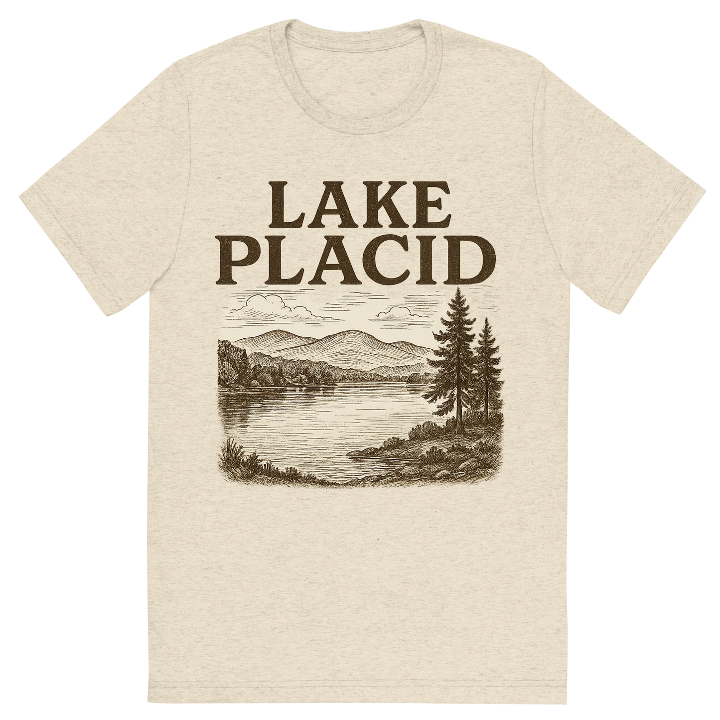 Front view of a Premium Tri-Blend Crew Neck T-Shirt in Oatmeal showing 'A typographic, nostalgic graphic of a typographic illustration of the words 'lake placid' with a vintage line art drawing of mirror lake'