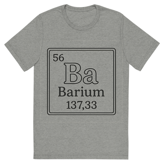 Front view of a Premium Tri-Blend Crew Neck T-Shirt in Athletic Grey showing 'A line art, nostalgic graphic of barium's entry on the periodic table, use a dark color for the lines and text'