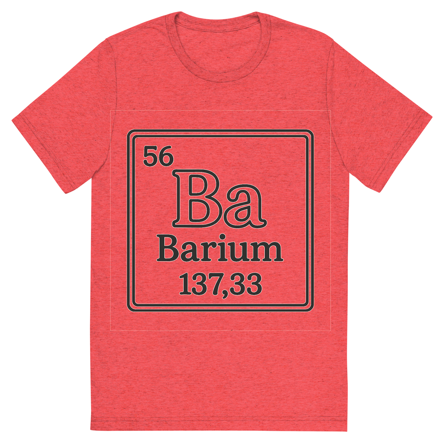 Front view of a Premium Tri-Blend Crew Neck T-Shirt in Red showing 'A line art, nostalgic graphic of barium's entry on the periodic table, use a dark color for the lines and text'