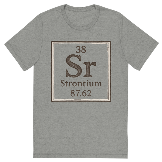 Front view of a Premium Tri-Blend Crew Neck T-Shirt in Athletic Grey showing 'A line art, nostalgic graphic of strontium's entry on the periodic table, use a dark color for the lines and text'