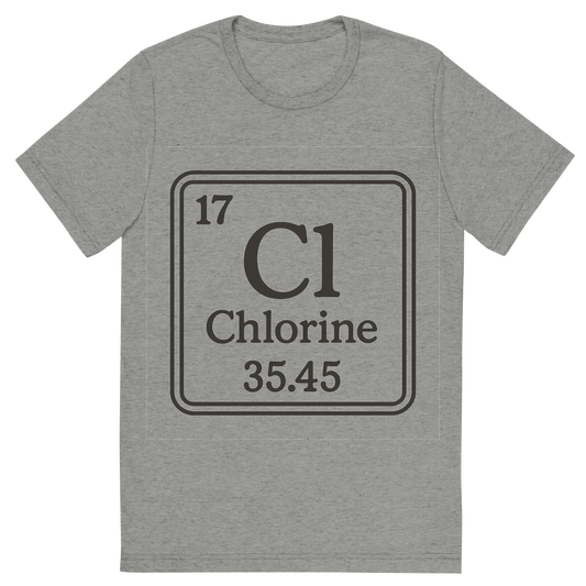 Front view of a Premium Tri-Blend Crew Neck T-Shirt in Athletic Grey showing 'A line art, nostalgic graphic of chlorine's entry on the periodic table, use a dark color for the lines and text'