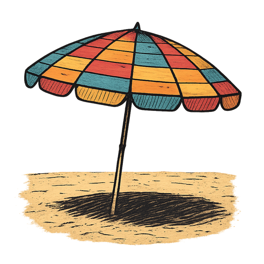 A hand-drawn ink with pops of color, nostalgic graphic of a colorful retro beach umbrella with alternating stripes, open and casting a shadow on the sand, hand-drawn ink with pops of color, square layout, transparent background, optimized for dtg printing - a t-shirt design