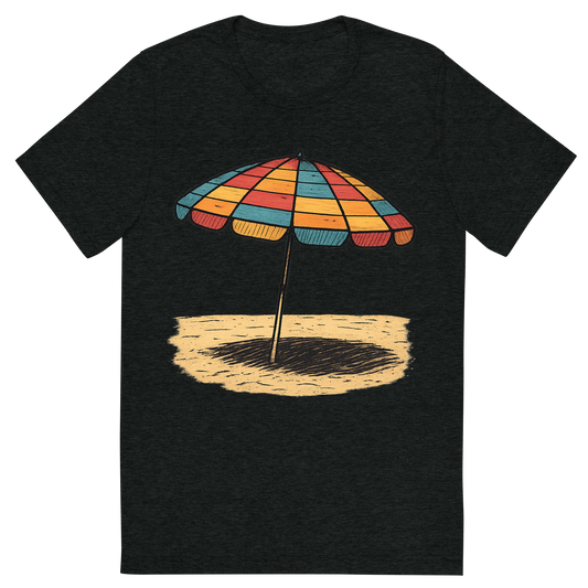 Front view of a Premium Tri-Blend Crew Neck T-Shirt in Charcoal-Black showing 'A hand-drawn ink with pops of color, nostalgic graphic of a colorful retro beach umbrella with alternating stripes, open and casting a shadow on the sand, hand-drawn ink with pops of color, square layout, transparent background, optimized for dtg printing'