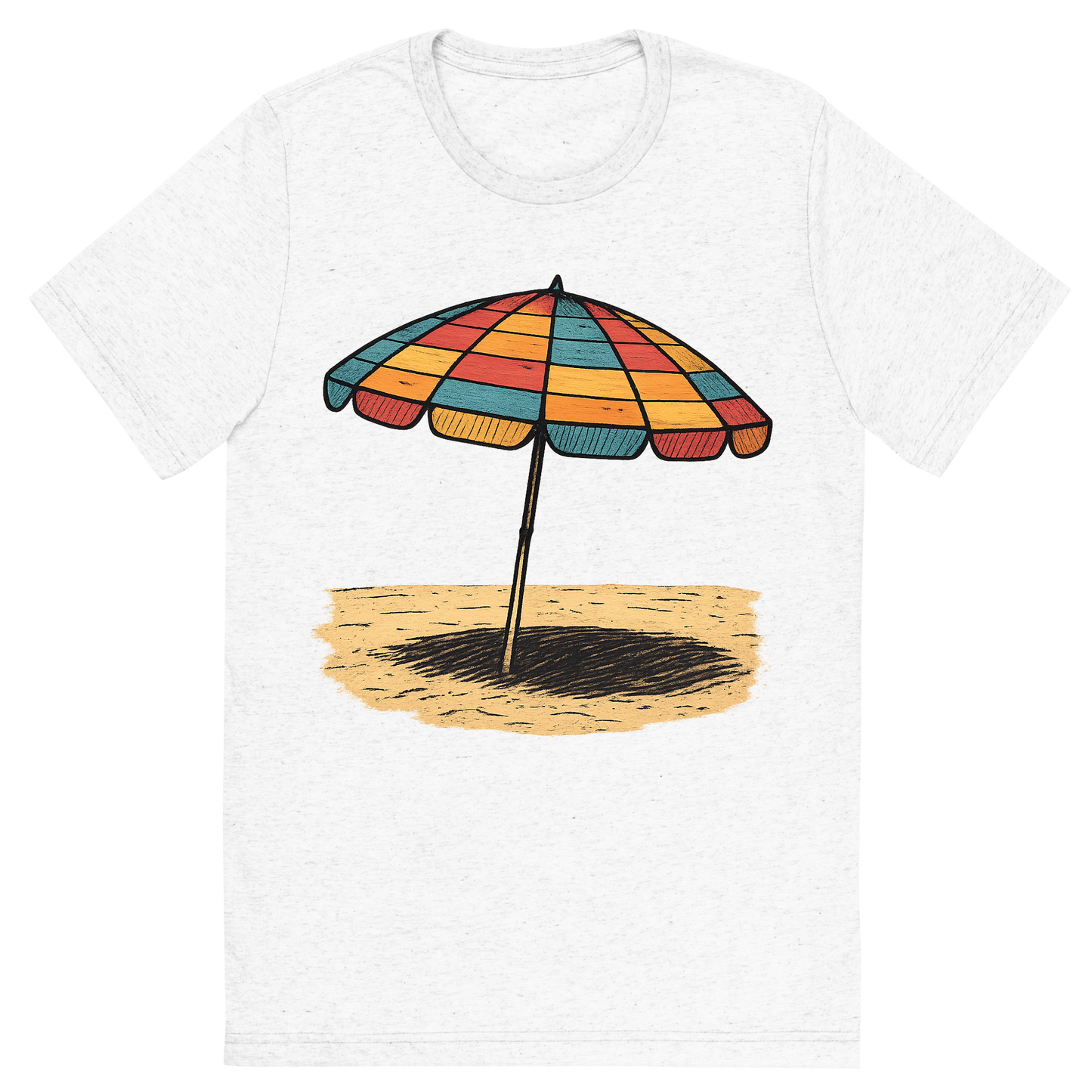 Front view of a Premium Tri-Blend Crew Neck T-Shirt in Solid White showing 'A hand-drawn ink with pops of color, nostalgic graphic of a colorful retro beach umbrella with alternating stripes, open and casting a shadow on the sand, hand-drawn ink with pops of color, square layout, transparent background, optimized for dtg printing'